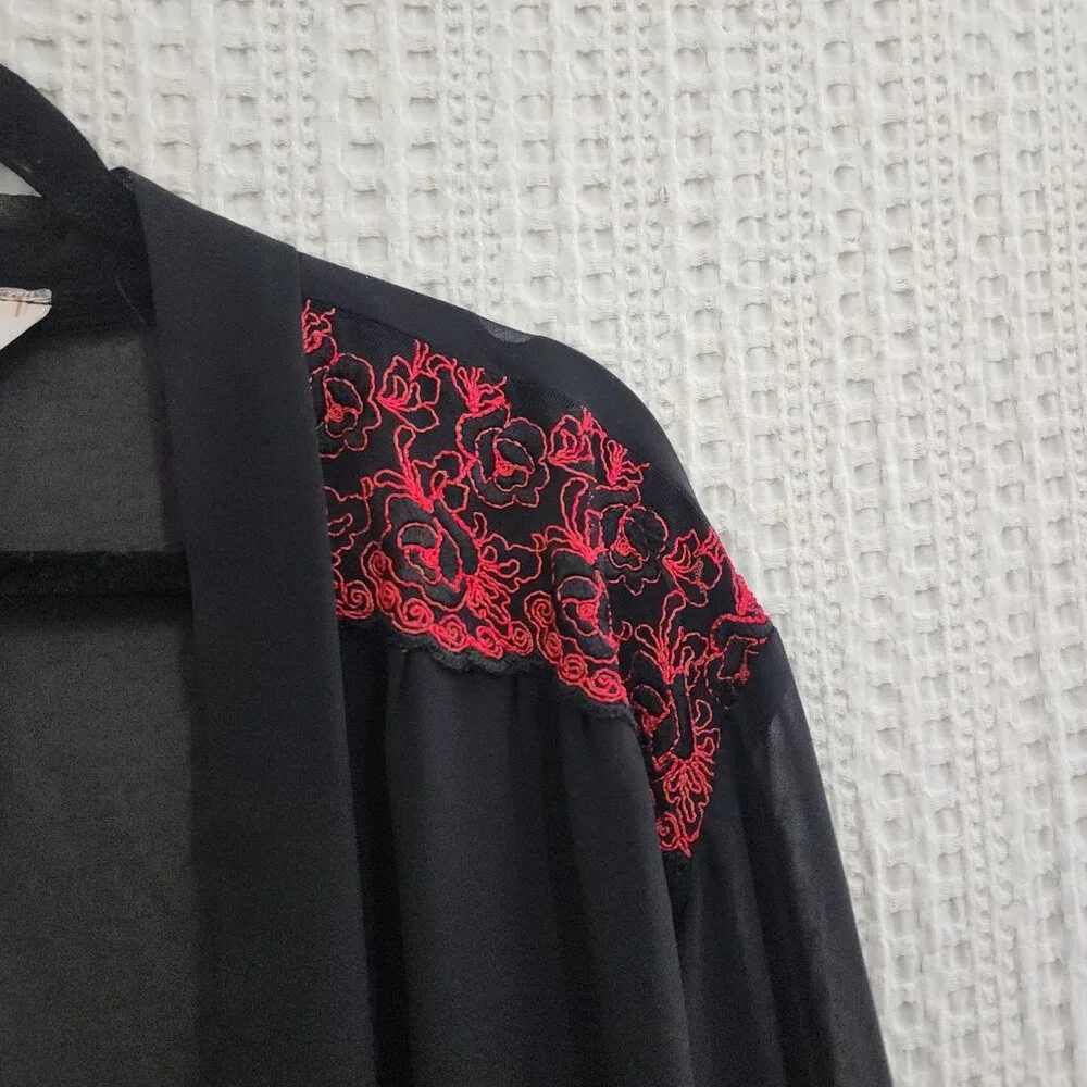 Vintage Private Luxuries Sheer Black Kimono Red Floral Embroidery Lace Robe M